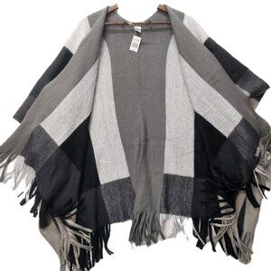 Womens Shawl Wrap Open Front Poncho Cape Plaid Black Neutral Multicolor One Size